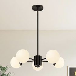 New 23.6” W 5-Light Globe Mid Century Sputnik Chandelier Matte Black with White Frosted Glass