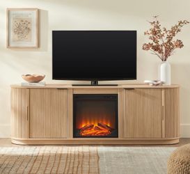 Modern Fluted Coastal Oak Wood TV Stand with Electric Fireplace 70”