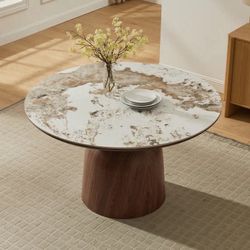 43.5 inch Round Marble Look Sintered Stone Pedestal Dining Table
