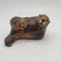 Vintage Handmade Pottery Figurine Mom & Baby Sealion Marked Cidcal 3"