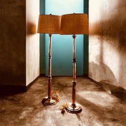 Two Stunning Thomasville  Gold Floor Lamps with Linen Shades