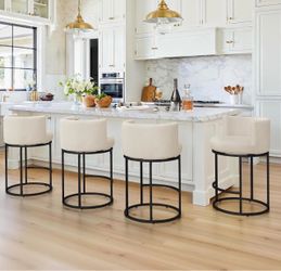 Set Of 4 LUE BONA 26.8" Counter Height Bar Stools, 180° Swivel Bar Stools, Modern Barrel Counter Stools with Back and Metal Frame, Fabric Upholstered