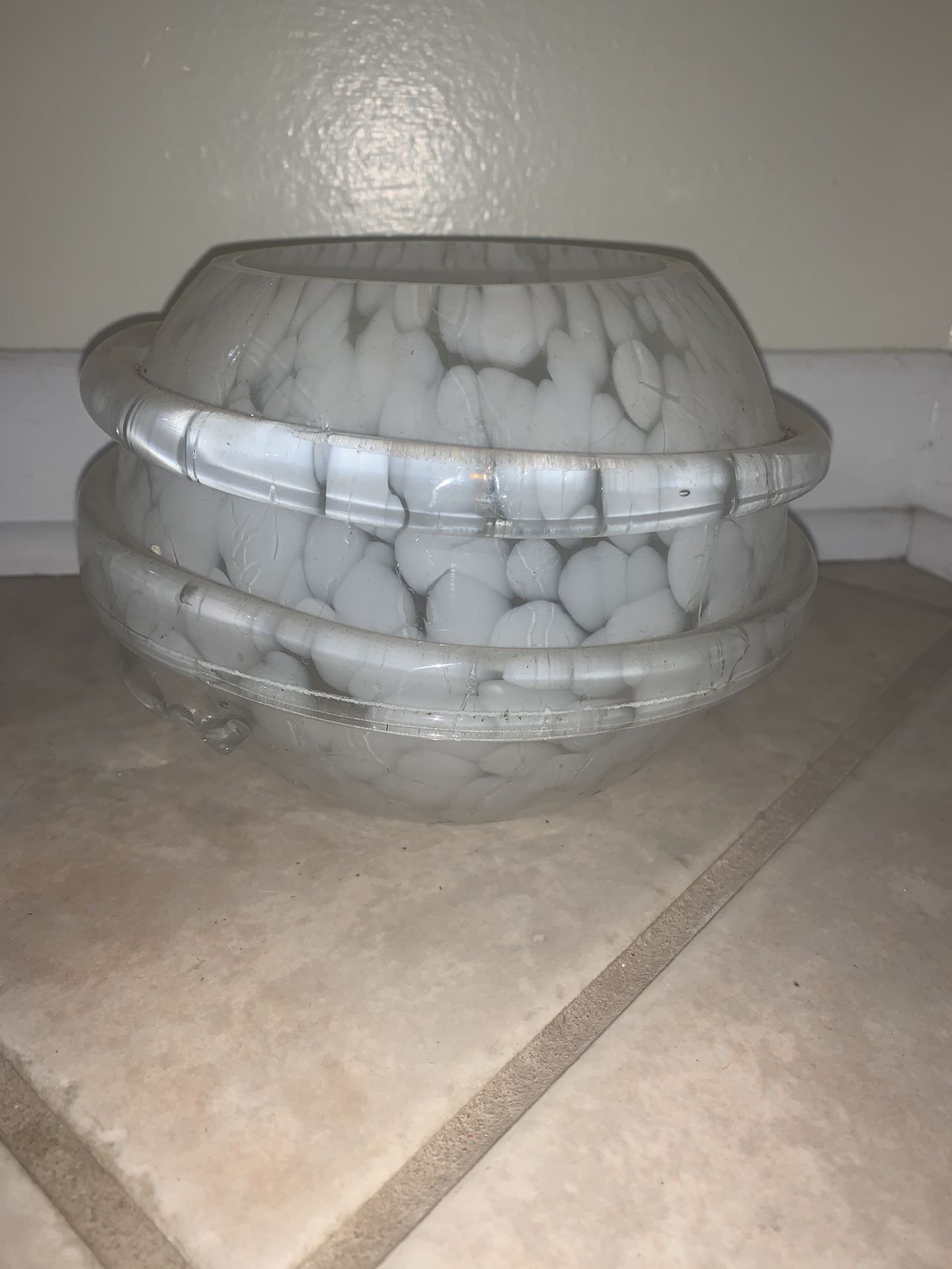 Vintage White and Clear Murano? Ringed Glass Globe Lamp Shade