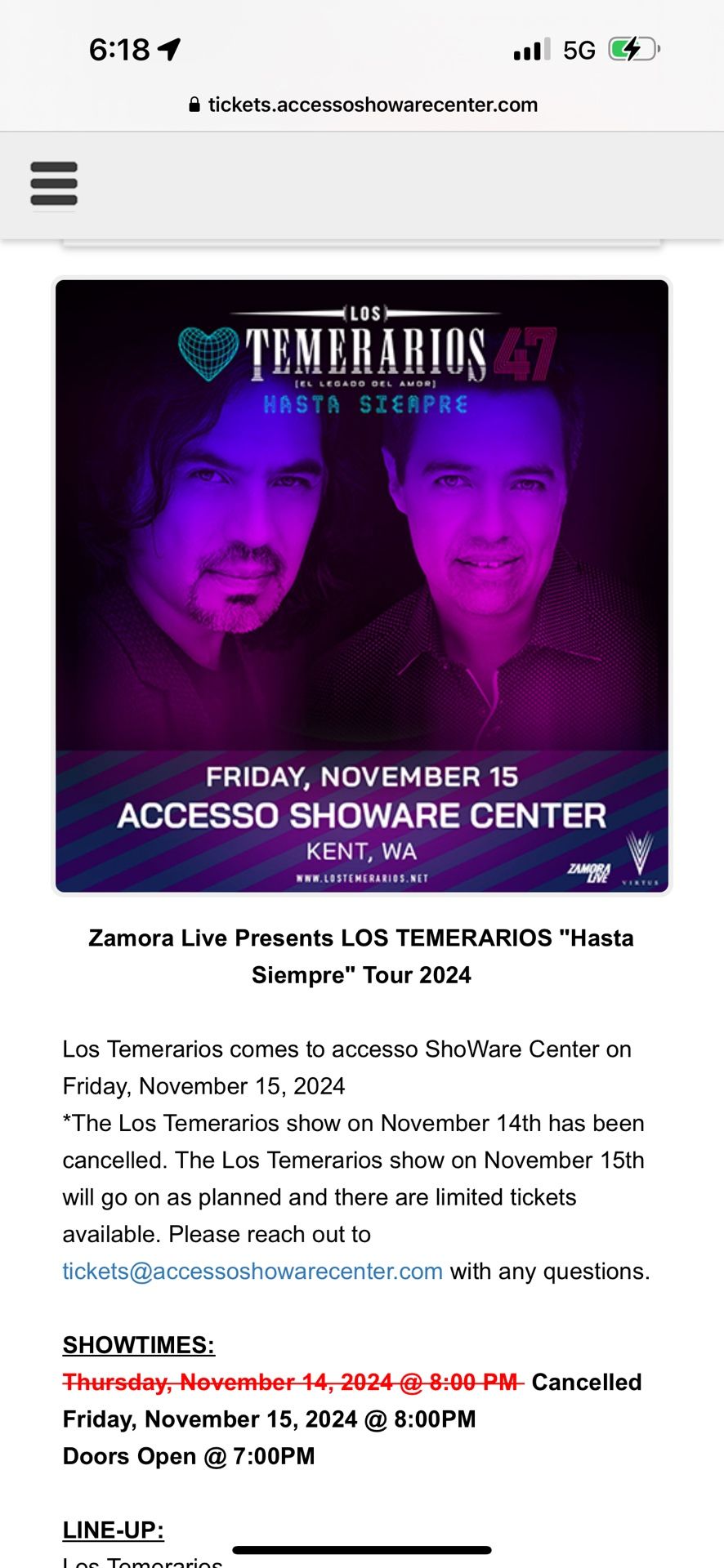 1 Ticket Los Temerarios 11/15/24 $500 Flor Row C