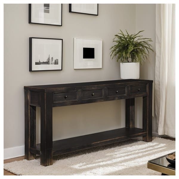 Rustic Solid Black Sofa/Console Table - 4 Drawers & Shelf