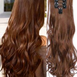 18 Inch Long Wavy Clip-In Hair Extensions, 7pcs/Set, Thick Hair Pieces, Invisible Clips Design, Soft Synthetic Fiber, Copper Brown, For Women 