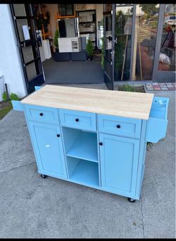 Moving Sale!! New Wooden Farmhouse Kitchen Island w/ Drop Leaf Countertop & Wheels Portable Rolling Cart
