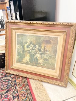 Vintage Hearth Print of Boy and Spaniels by the Fireplace
