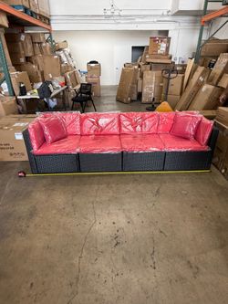 Modular Outdoor Sofa Set - Black Wicker Frame & Red Cushions for Patio/Garden