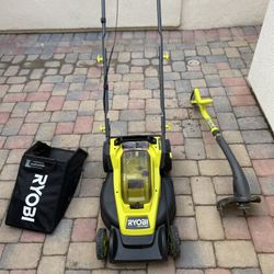 RYOBI ONE+ Cordless Walk Behind Push Lawn Mower and Cordless String Trimmer/Edger (No battery)