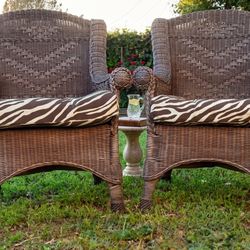Pair of High-End Wingback Wicker Patio Chairs + Zebra Cushions