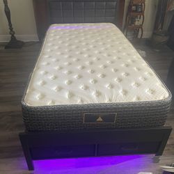 Upholstered Twin Size Bed Frame With a Storage Headboard and LED Light With Mattress “Almost New” $300 Firm On Price