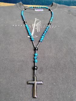 Diamond Cut Lapis Azul Rosary Necklace  & Cross