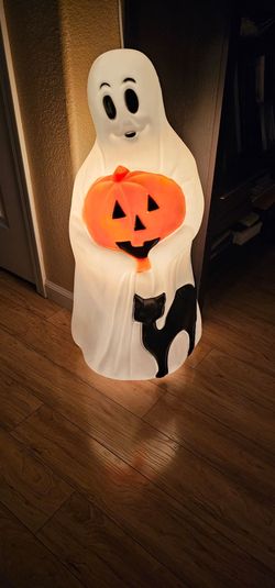 Vintage Empire Halloween 34" Lighted Blow Mold Ghost with Black Cat and Pumpkin
