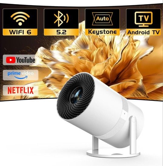 270°Adjustable Smart Mini Projector with WiFi 6 and Bluetooth, Auto Keystone Outdoor Movie Projector