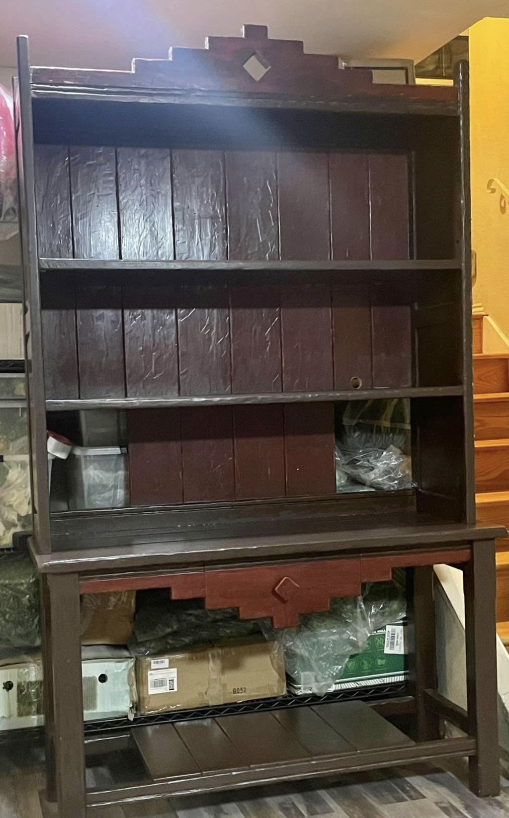 Gorgeous Large 92” Vintage Rustic Santa Fe Two Piece Mexican Hutch Bookcase Display