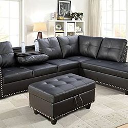 New Black Leather Sectional And Ottoman 