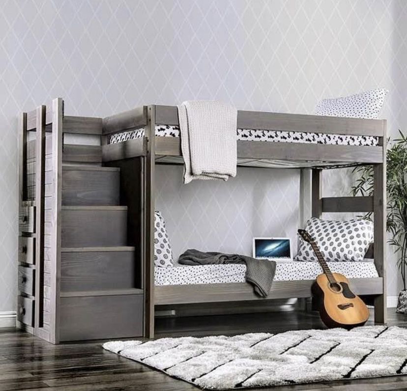 BUNK BED GRAY ELEGANT TWIN/TWIN WITH 2 SLAT KITS & STAIRCASE DRAWERS " MATTRESS SEPARATE