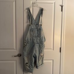 Zara men’s Light Wash Denim Overalls with Distressed Details size medium