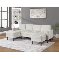 Beige Corduroy U Shaped Sectional Sofa