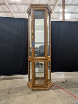 Oak Wood Tall China Cabinet with Glass Shelves