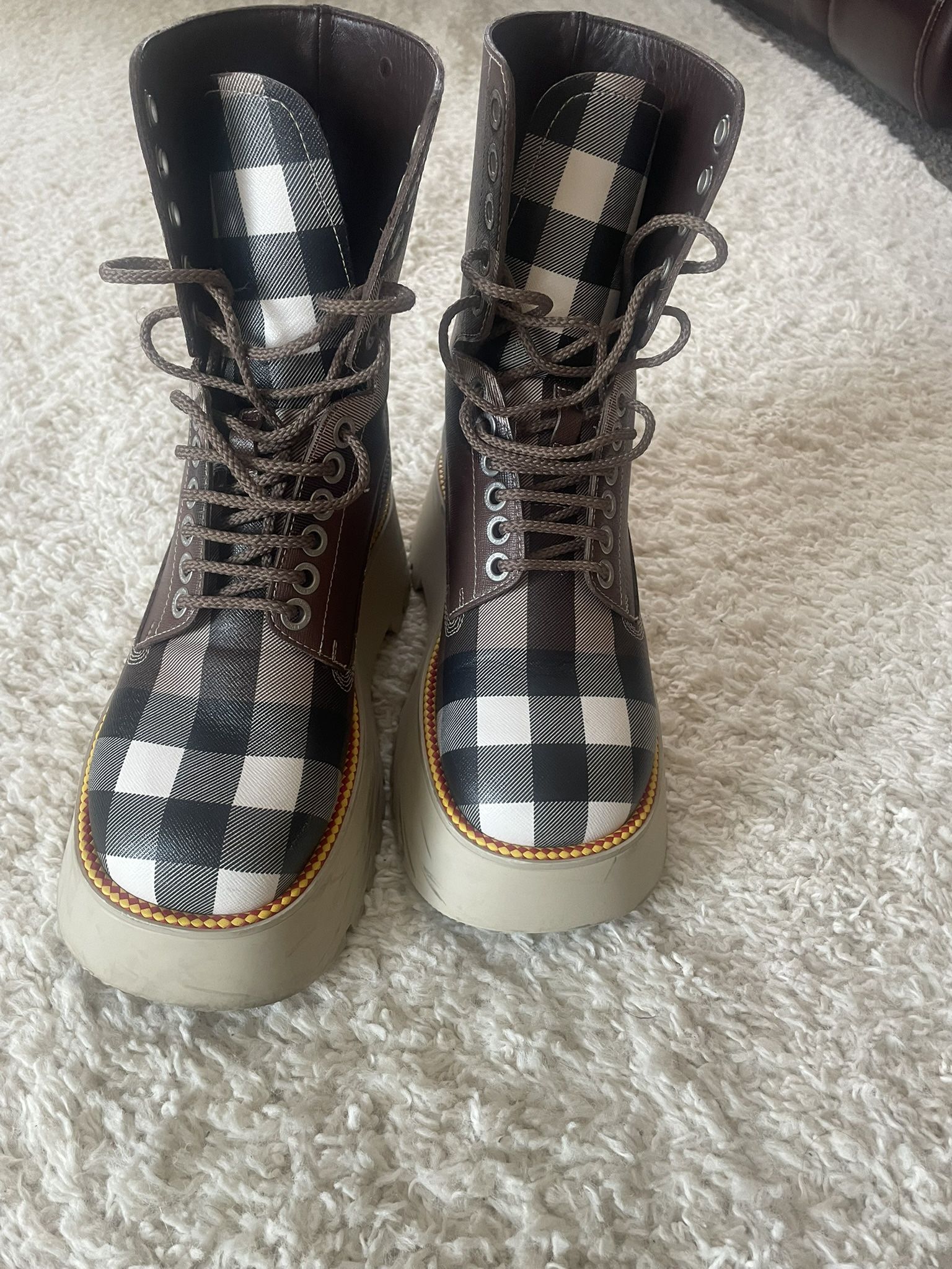 Burberry Mason Check Coated Canvas Platform Combat Boot 7.5 Size