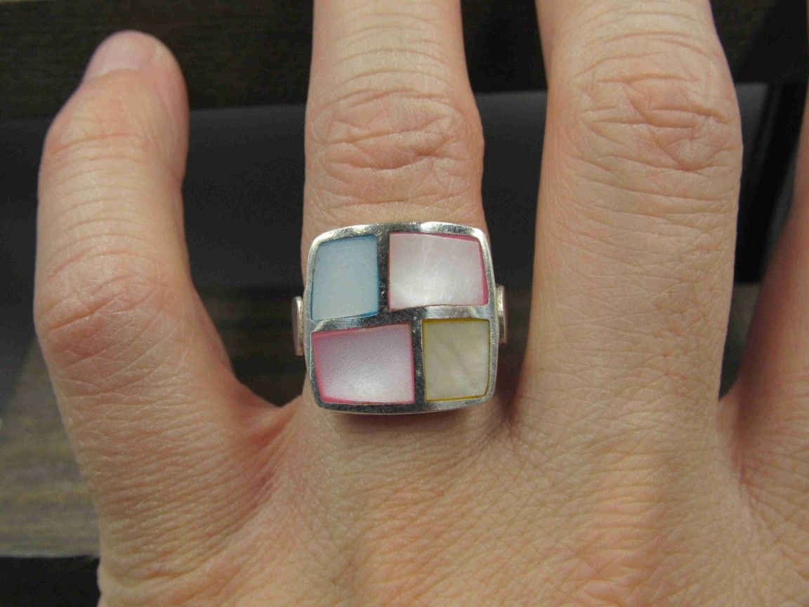 Size 7 Sterling Silver Colorful Shell Inlay Band Ring Vintage Statement Engagement Wedding Promise Anniversary Bridal Cocktail