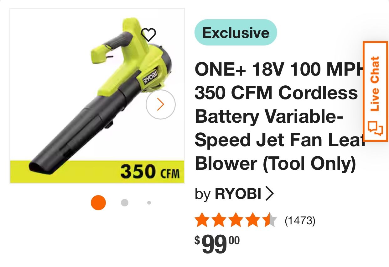 Ryobi ONE+ 18V 100 MPH 350 CFM Cordless Battery Variable Speed Jet