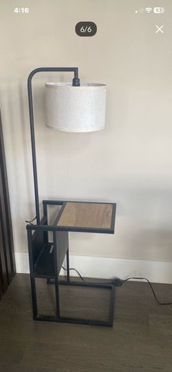 Modern Floor Lamp With The Magazine Rack And C Shaped Table Floor Bottom Control In Matte Black H55”