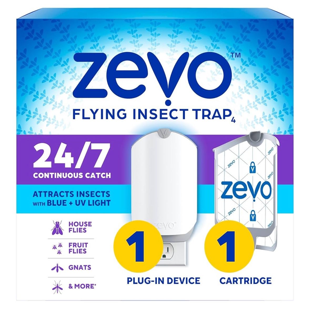 Zevo Flying Insect Trap & Cartridge - Plug in Fly Trap & Indoor Bug Catcher for Gnats, House & Fruit Flies - Mess-Free - Use in Any Room - Uses Blue &
