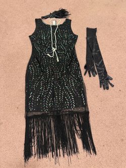 New xl black beaded fringe flapper evening gown dress costume accessories