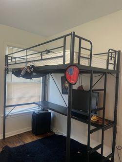 Metal Loft Bed with Desk and Shelves