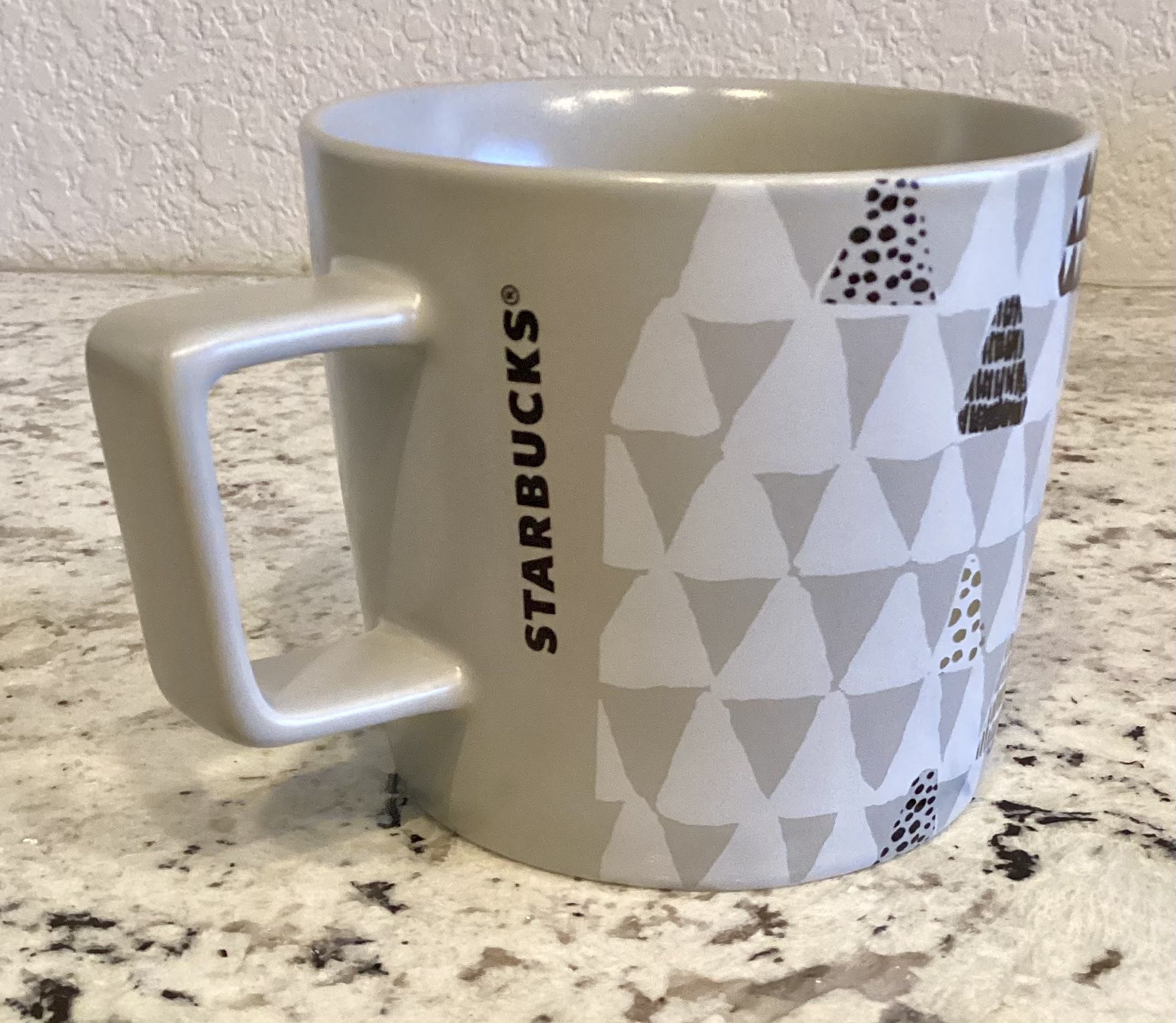 Starbucks 2016 Holiday Christmas Trees Mug Gray White Black Gold Stylized Abstract