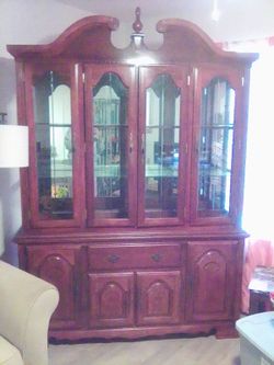 Cherry Wood China Cabinet with Lighted Display