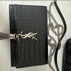 Saint Laurent Black Croc Embossed Chain Bag