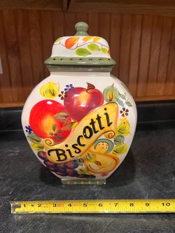 Large Hand-Painted Ceramic Biscotti Canister Jar-Fruit Design with Lid