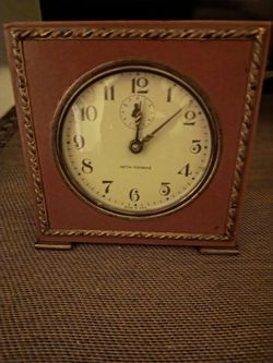 Vintage Seth Thomas Clock Square Leather Brass Trim Severn Desk Clock USA