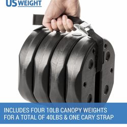 US Weight 40 Pound Canopy Weight Set of 4 and Carry Strap with No-Pinch Design - Easy Installation and Removal to Secure Tents, Canopies, and Umbrella