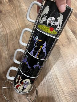 DISNEY STACKABLE MUGS SET 4 VILLAINS URSALA MALEIFICENT EVIL QUEEN CRUELLA NEW