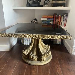 Vintage Side Table With Black Glass Top 