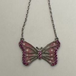 🦋925 Silver butterfly necklace cz stones and pink white handmade enamel