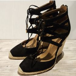 Aquazzura 36 US 6 Wedge Espadrilles Black Suede Laceup Caged