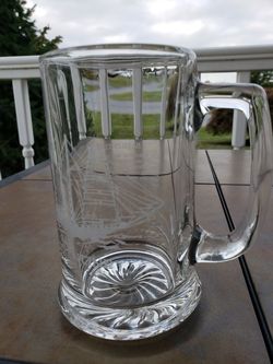 One (1) Barkentine Sail Boat Glass Stein Small Mug 5 1/2 inches tall