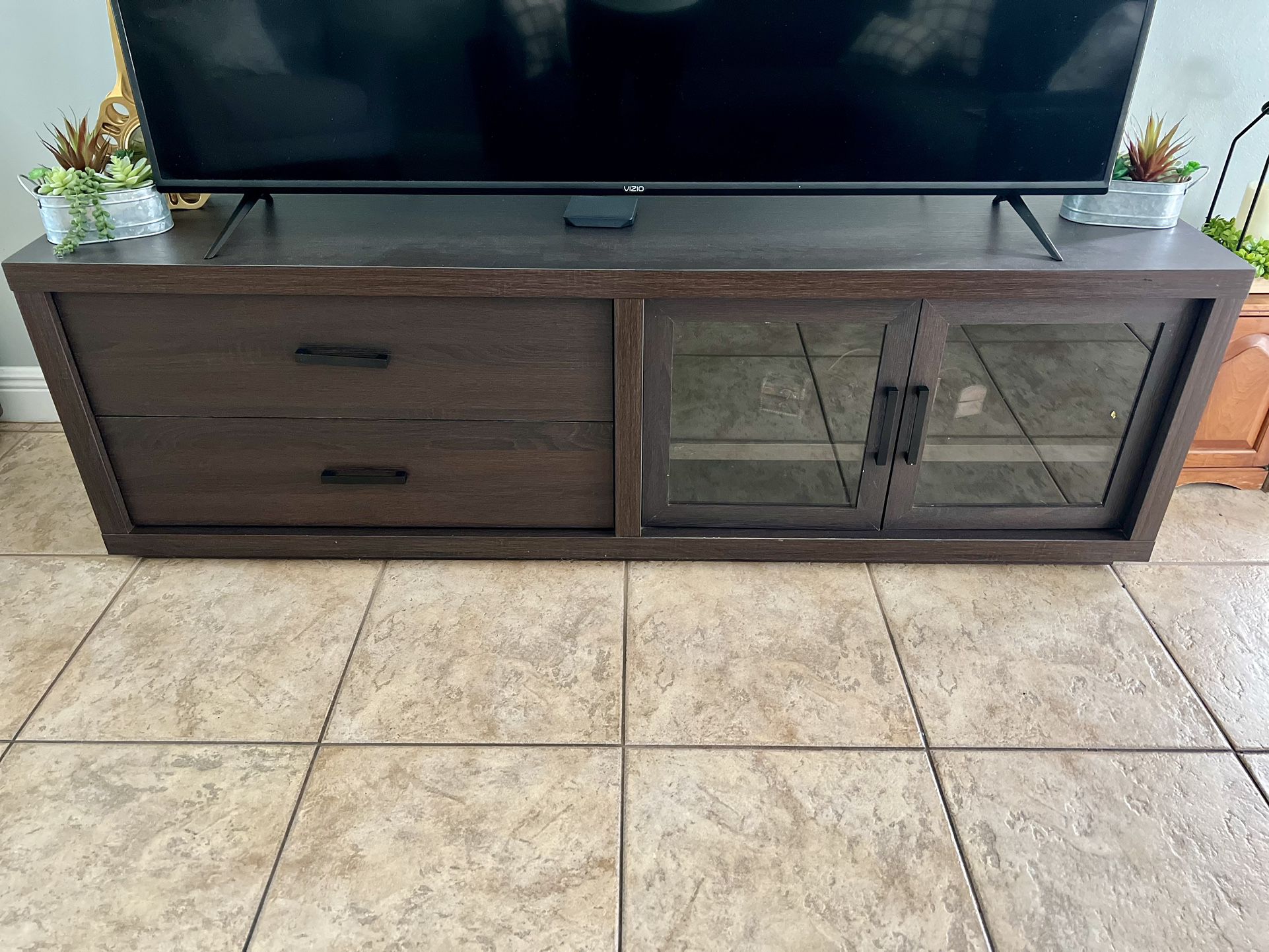Like NEW dark wood TV Console with Double Storage Drawers + Glass cabinet with shelves