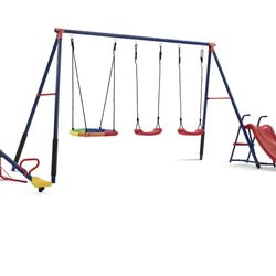 Outdoor 6-Piece Swing Set with Seesaw/Teeter, Children Playground, Backyard Swingset