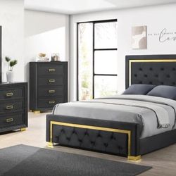Pepe Black/Gold Panel Upholstered Bedroom Set