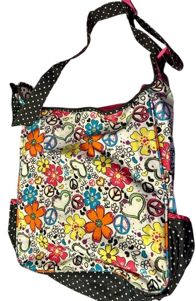 Justice Girls' Messenger / Tote / Beach Bag ~ Peace Love Flowers & Hearts