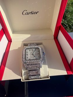 moissanite Cartier Santos Iced Out Watch with Arabic Dial