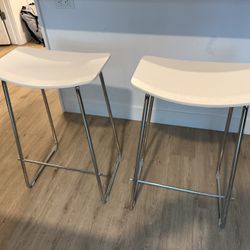 2x White Wood + Metal Base Counter Height Stools (27” H)