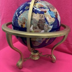 Antique Gemstone Globe with Compass | Handmade Natural Stone Inlay World Map, Shell & Pearl Inlaid,